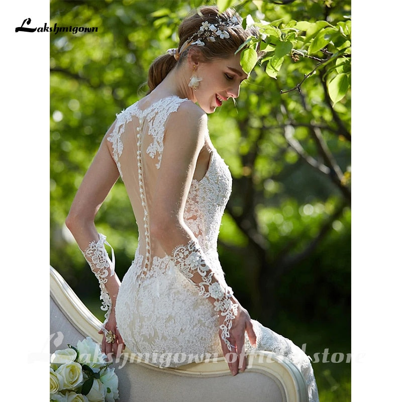 Sexy Illusion Mermaid Wedding Dresses V Neck Court Train All Over Lace Regular Straps Sexy Backless with Appliques Button - ROYCEBRIDAL OFFICIAL STORE