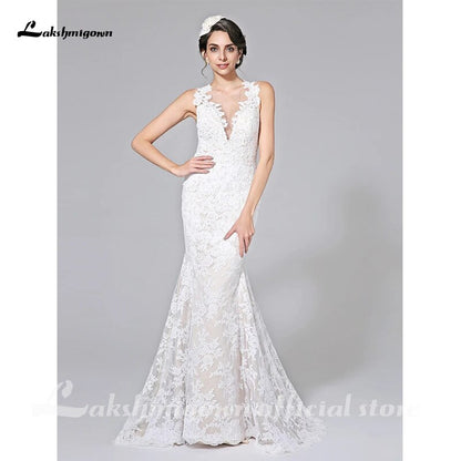 Sexy Illusion Mermaid Wedding Dresses V Neck Court Train All Over Lace Regular Straps Sexy Backless with Appliques Button - ROYCEBRIDAL OFFICIAL STORE