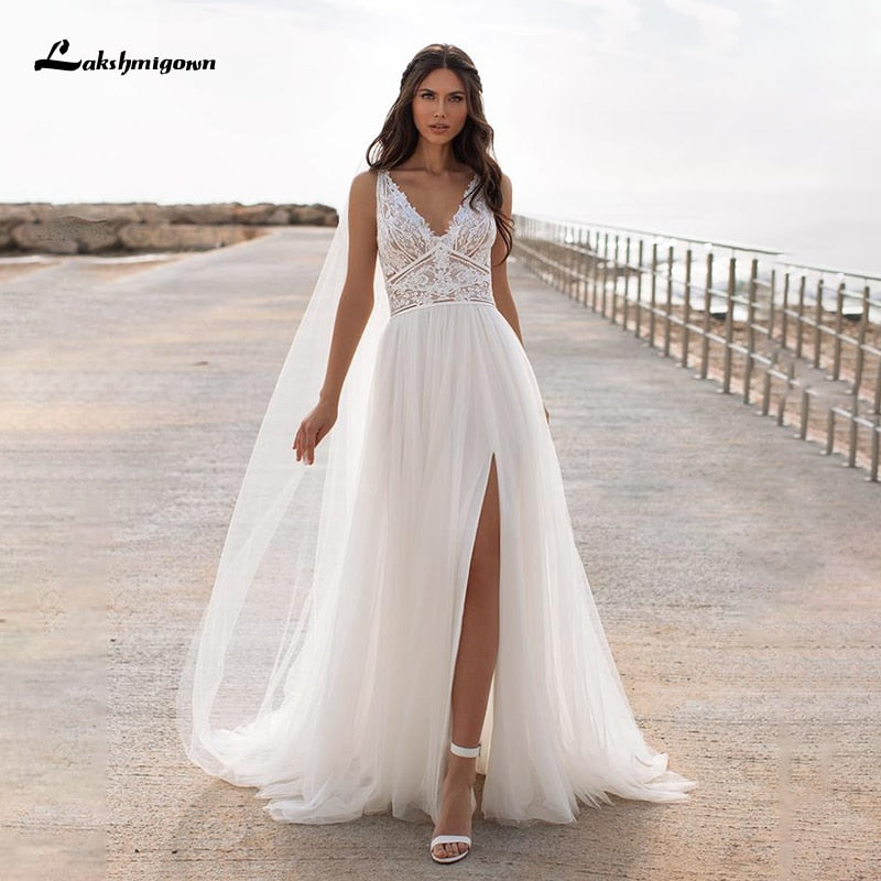 Lakshmigown High Slit A Line Wedding Dresses 2021 V Neck Backless Lace Appliques Boho Beach Tulle Bridal Gown vestido de novia - ROYCEBRIDAL OFFICIAL STORE