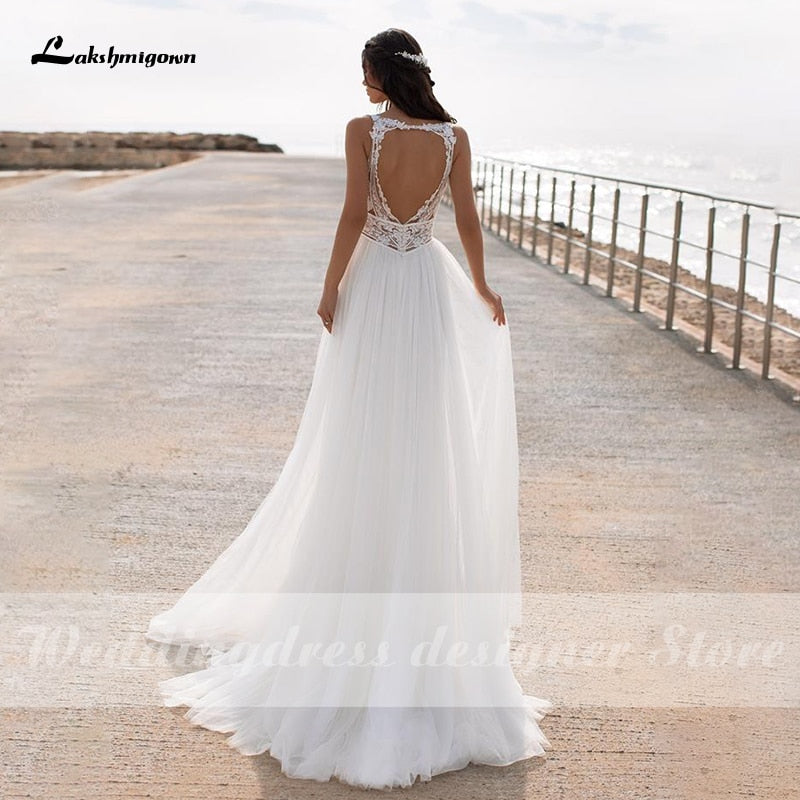 Lakshmigown High Slit A Line Wedding Dresses 2021 V Neck Backless Lace Appliques Boho Beach Tulle Bridal Gown vestido de novia - ROYCEBRIDAL OFFICIAL STORE