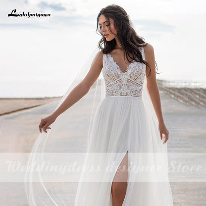 Lakshmigown High Slit A Line Wedding Dresses 2021 V Neck Backless Lace Appliques Boho Beach Tulle Bridal Gown vestido de novia - ROYCEBRIDAL OFFICIAL STORE