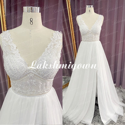 Lakshmigown High Slit A Line Wedding Dresses 2021 V Neck Backless Lace Appliques Boho Beach Tulle Bridal Gown vestido de novia - ROYCEBRIDAL OFFICIAL STORE