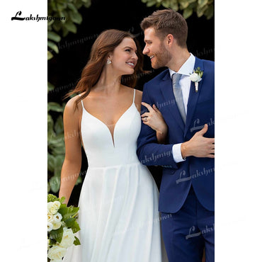 Simple A-Line Soft Satin Wedding Dresses 2021 V-Neck Sleeveless Lace Spaghetti Straps Hidden Skirt Pockets Backless Bride Gown - ROYCEBRIDAL OFFICIAL STORE