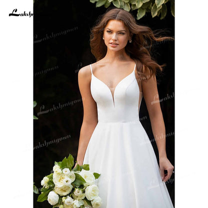 Simple A-Line Soft Satin Wedding Dresses 2021 V-Neck Sleeveless Lace Spaghetti Straps Hidden Skirt Pockets Backless Bride Gown - ROYCEBRIDAL OFFICIAL STORE