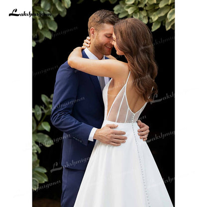 Simple A-Line Soft Satin Wedding Dresses 2021 V-Neck Sleeveless Lace Spaghetti Straps Hidden Skirt Pockets Backless Bride Gown - ROYCEBRIDAL OFFICIAL STORE