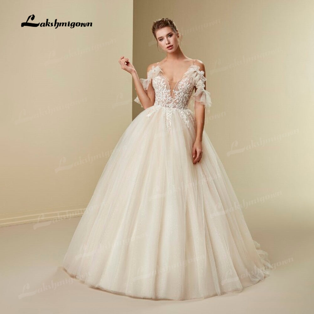 Princess Ball Gown Wedding Dress Boho 2021 Casamento 3D Flower Sexy V Neck Spaghetti Strap Bridal Gowns Lace Up robe de mariee - ROYCEBRIDAL OFFICIAL STORE