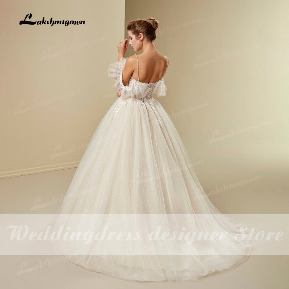 Princess Ball Gown Wedding Dress Boho 2021 Casamento 3D Flower Sexy V Neck Spaghetti Strap Bridal Gowns Lace Up robe de mariee - ROYCEBRIDAL OFFICIAL STORE