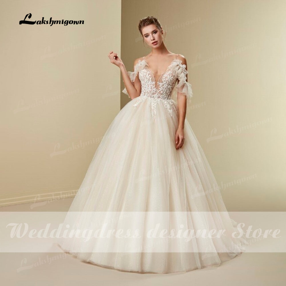 Princess Ball Gown Wedding Dress Boho 2021 Casamento 3D Flower Sexy V Neck Spaghetti Strap Bridal Gowns Lace Up robe de mariee - ROYCEBRIDAL OFFICIAL STORE