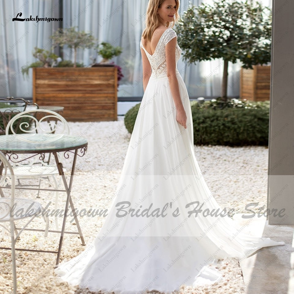 Summer Dress Wedding Chic Bridal Robe Boho Wedding Dresses 2021 Lakshmigown Sexy Puffy Off White Chiffon Women Lace Party Gowns - ROYCEBRIDAL OFFICIAL STORE