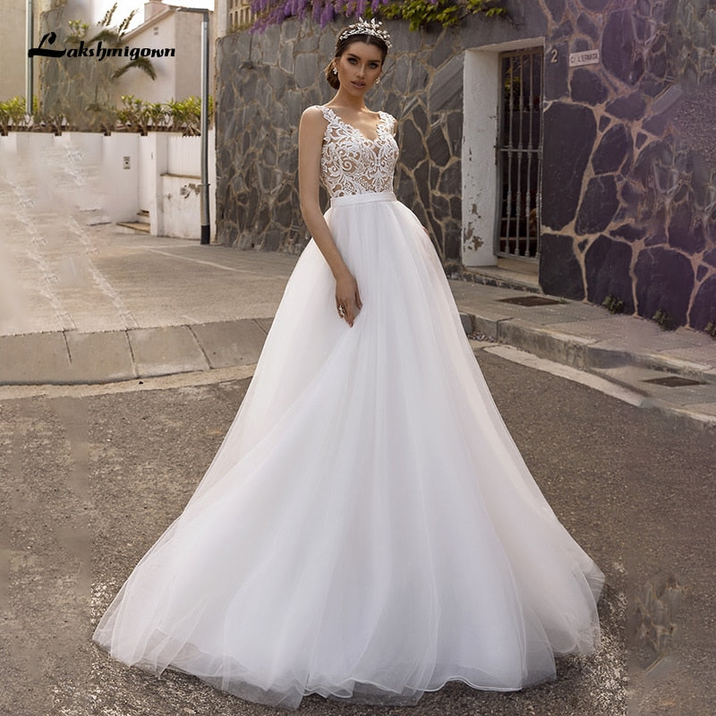 Lakshmigown Simple Tulle Boho Wedding Dresses 2021 Robe Mariee V Neck Sweep Train A-line Lace Bridal Gowns vestido de novia - ROYCEBRIDAL OFFICIAL STORE