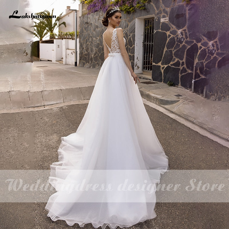 Lakshmigown Simple Tulle Boho Wedding Dresses 2021 Robe Mariee V Neck Sweep Train A-line Lace Bridal Gowns vestido de novia - ROYCEBRIDAL OFFICIAL STORE