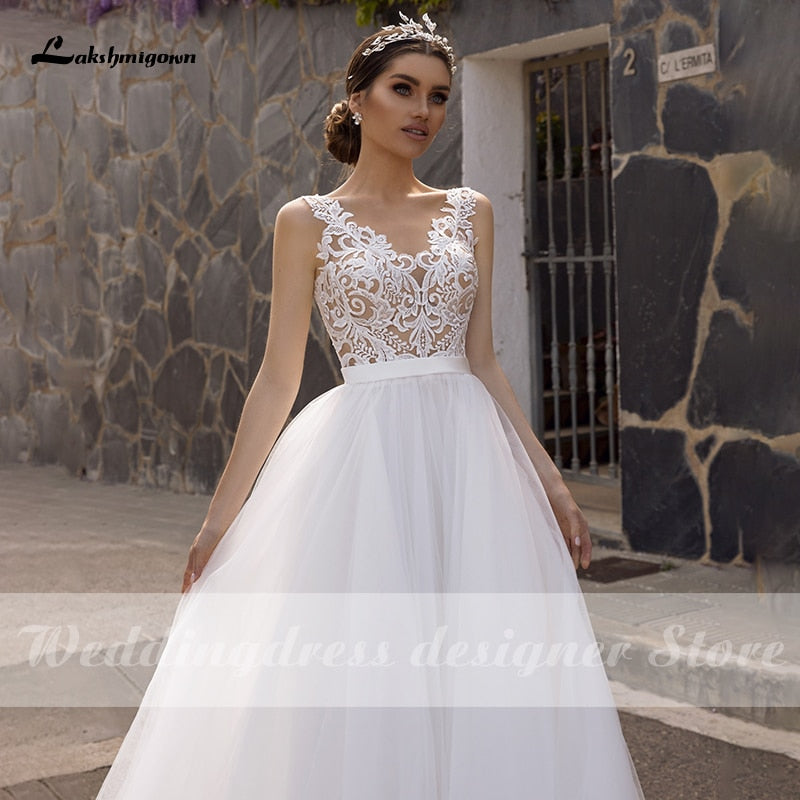 Lakshmigown Simple Tulle Boho Wedding Dresses 2021 Robe Mariee V Neck Sweep Train A-line Lace Bridal Gowns vestido de novia - ROYCEBRIDAL OFFICIAL STORE