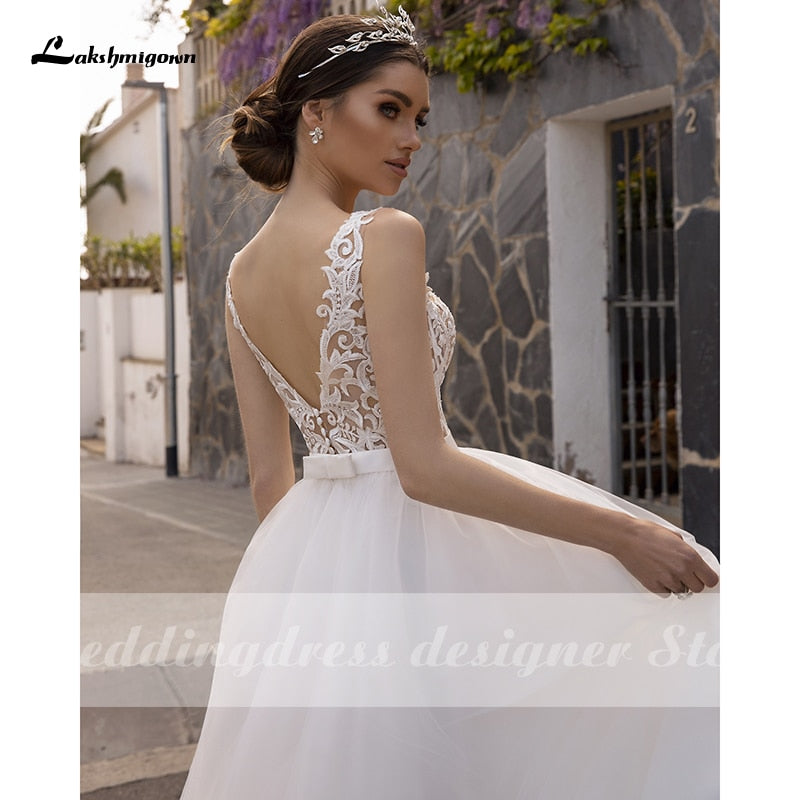 Lakshmigown Simple Tulle Boho Wedding Dresses 2021 Robe Mariee V Neck Sweep Train A-line Lace Bridal Gowns vestido de novia - ROYCEBRIDAL OFFICIAL STORE