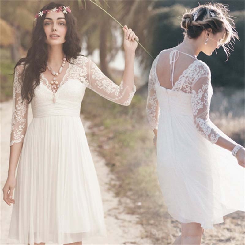 Lakshmigown Beach Wedding Dress Knee Length A Line Lace Chiffon Three Quarter Sleeve Summer Bridal Gowns robe de mariee - ROYCEBRIDAL OFFICIAL STORE