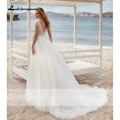 2022 vestido Boho Wedding Dresses A-line Lace Bodice Off-white Tulle Beach Bridal Gown V-neck Cap Sleeves robe femme mariages - ROYCEBRIDAL OFFICIAL STORE