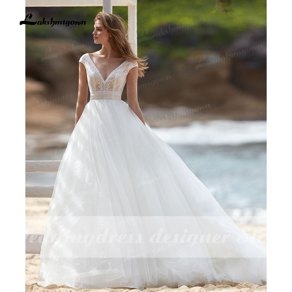 2022 vestido Boho Wedding Dresses A-line Lace Bodice Off-white Tulle Beach Bridal Gown V-neck Cap Sleeves robe femme mariages - ROYCEBRIDAL OFFICIAL STORE