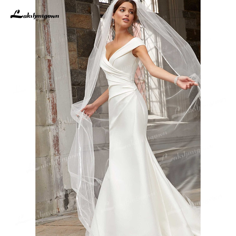 Simple Soft Satin Mermaid Wedding Dresses V-Neck Cap-Sleeve Open Back Sleeveless Pleats Court Train Bride Gowns abiti da sposa - ROYCEBRIDAL OFFICIAL STORE