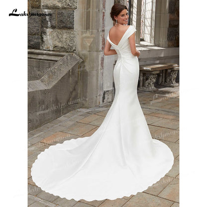 Simple Soft Satin Mermaid Wedding Dresses V-Neck Cap-Sleeve Open Back Sleeveless Pleats Court Train Bride Gowns abiti da sposa - ROYCEBRIDAL OFFICIAL STORE