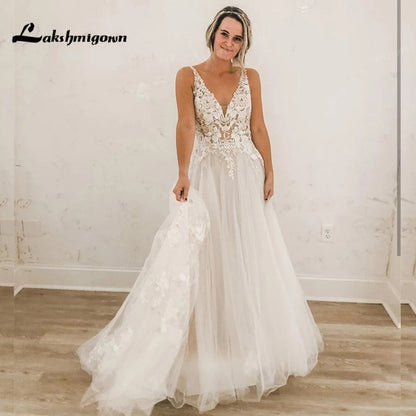 Elegant A-Line Wedding Dress V-Neck Sexy Tank Lace Appliques Backless Sleeveless Women Civil Bride Gown 2022 Vestidos De Noiva - ROYCEBRIDAL OFFICIAL STORE