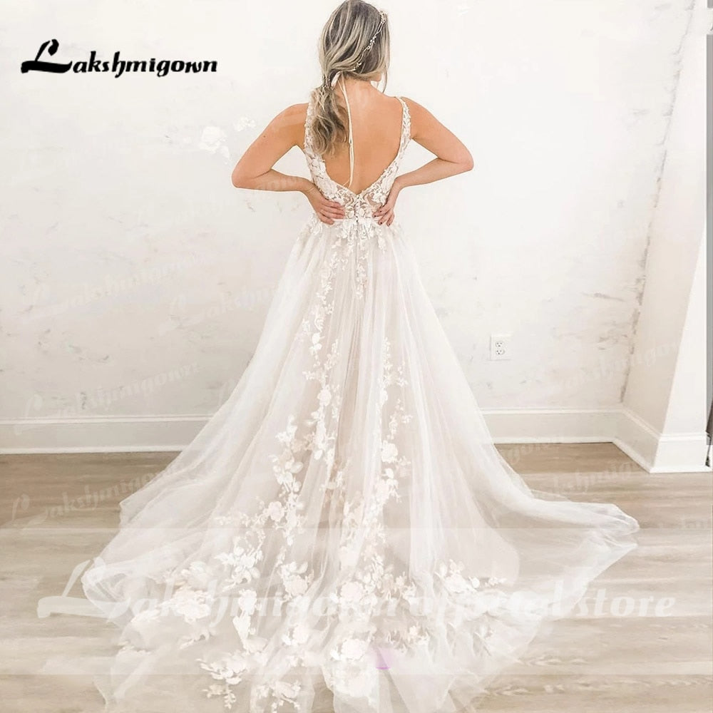 Elegant A-Line Wedding Dress V-Neck Sexy Tank Lace Appliques Backless Sleeveless Women Civil Bride Gown 2022 Vestidos De Noiva - ROYCEBRIDAL OFFICIAL STORE