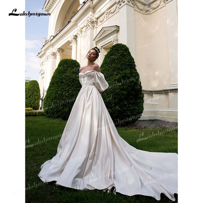 Soft Satin A-Line Wedding Dresses Sweetheart Neck Puff Half Sleeve With Beading Corset Open Back Chapel Train Bride Gowns Pleat - ROYCEBRIDAL OFFICIAL STORE