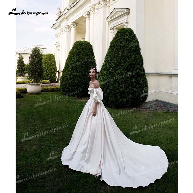 Soft Satin A-Line Wedding Dresses Sweetheart Neck Puff Half Sleeve With Beading Corset Open Back Chapel Train Bride Gowns Pleat - ROYCEBRIDAL OFFICIAL STORE