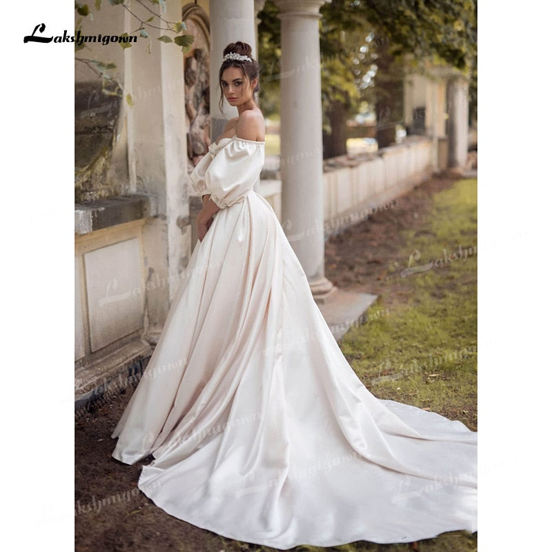 Soft Satin A-Line Wedding Dresses Sweetheart Neck Puff Half Sleeve With Beading Corset Open Back Chapel Train Bride Gowns Pleat - ROYCEBRIDAL OFFICIAL STORE