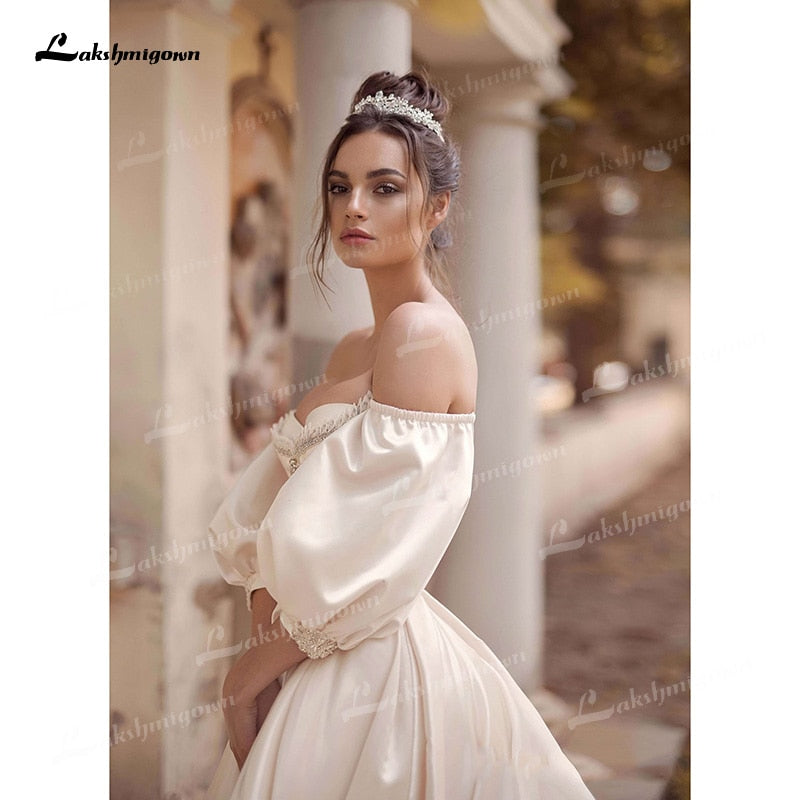 Soft Satin A-Line Wedding Dresses Sweetheart Neck Puff Half Sleeve With Beading Corset Open Back Chapel Train Bride Gowns Pleat - ROYCEBRIDAL OFFICIAL STORE