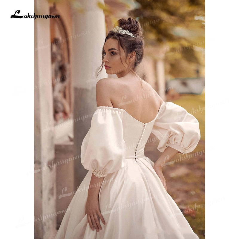 Soft Satin A-Line Wedding Dresses Sweetheart Neck Puff Half Sleeve With Beading Corset Open Back Chapel Train Bride Gowns Pleat - ROYCEBRIDAL OFFICIAL STORE