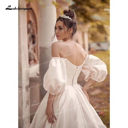 Soft Satin A-Line Wedding Dresses Sweetheart Neck Puff Half Sleeve With Beading Corset Open Back Chapel Train Bride Gowns Pleat - ROYCEBRIDAL OFFICIAL STORE