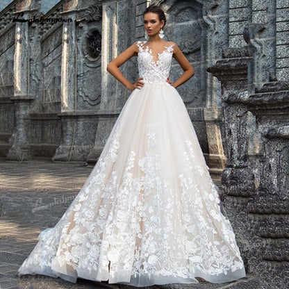 Gorgeous Tulle A-Line Wedding Dresses Illusion Boat Neck Low Open Back Cap Short Sleeve Chapel Train Bride Gowns Appliques Bead - ROYCEBRIDAL OFFICIAL STORE