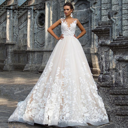 Gorgeous Tulle A-Line Wedding Dresses Illusion Boat Neck Low Open Back Cap Short Sleeve Chapel Train Bride Gowns Appliques Bead - ROYCEBRIDAL OFFICIAL STORE