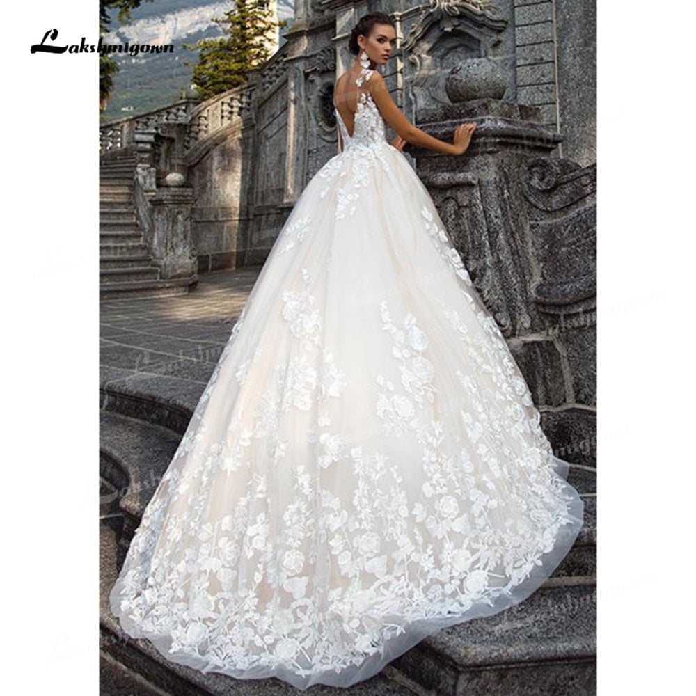 Gorgeous Tulle A-Line Wedding Dresses Illusion Boat Neck Low Open Back Cap Short Sleeve Chapel Train Bride Gowns Appliques Bead - ROYCEBRIDAL OFFICIAL STORE