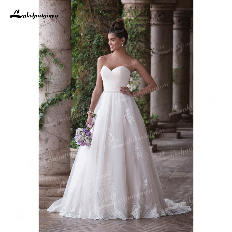 Beautifully A-Line Tulle Wedding Dresses Sweetheart Neck Strapless Sleeveless Open Back Beading Sashes Court Train Bride Gowns - ROYCEBRIDAL OFFICIAL STORE