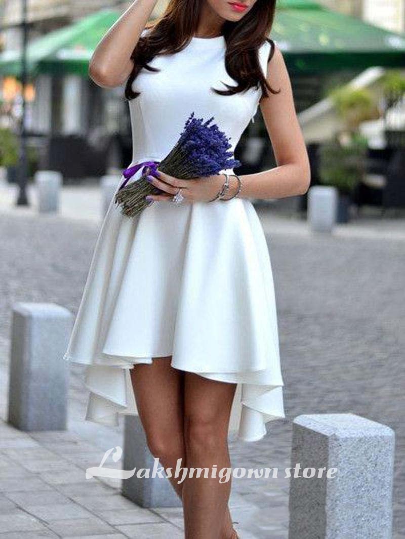 High Low White Prom Dresses Satin Scoop Zipper Up Party Dresses Cocktail Homecoming Gowns - ROYCEBRIDAL OFFICIAL STORE