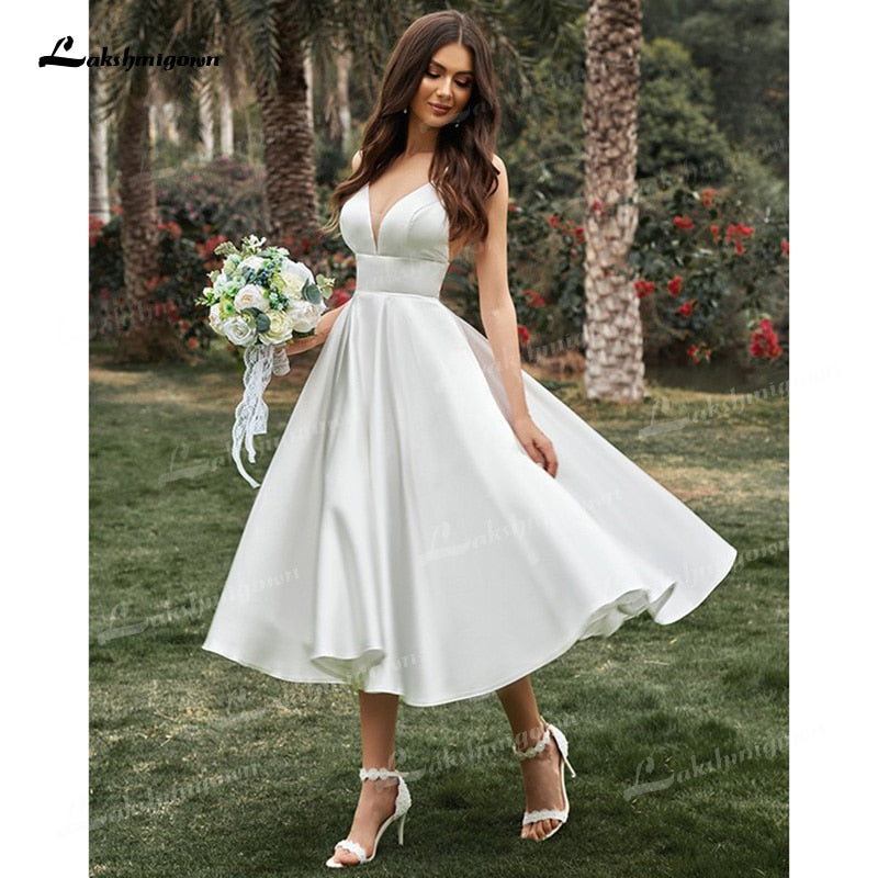 A-Line/Princess Spaghetti Strap Wedding Dress Ruffles V-neck Sleeveless Soft Satin Tea-Length Backless Simple vestidos de novia - ROYCEBRIDAL OFFICIAL STORE