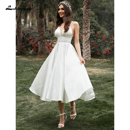 A-Line/Princess Spaghetti Strap Wedding Dress Ruffles V-neck Sleeveless Soft Satin Tea-Length Backless Simple vestidos de novia - ROYCEBRIDAL OFFICIAL STORE