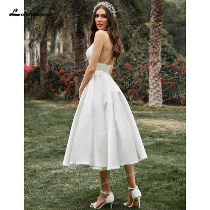 A-Line/Princess Spaghetti Strap Wedding Dress Ruffles V-neck Sleeveless Soft Satin Tea-Length Backless Simple vestidos de novia - ROYCEBRIDAL OFFICIAL STORE