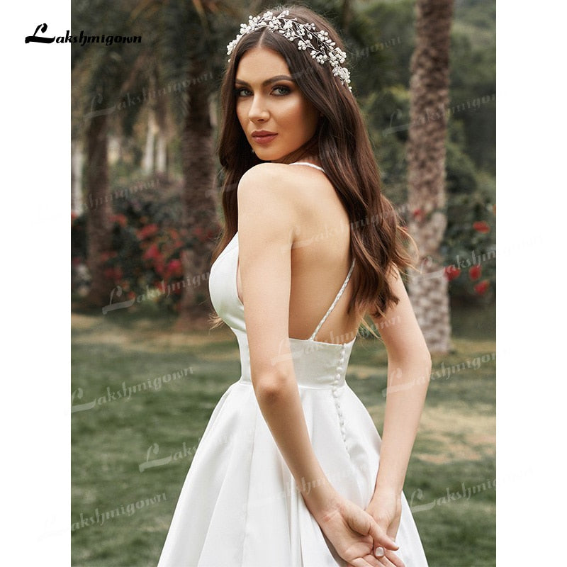 A-Line/Princess Spaghetti Strap Wedding Dress Ruffles V-neck Sleeveless Soft Satin Tea-Length Backless Simple vestidos de novia - ROYCEBRIDAL OFFICIAL STORE