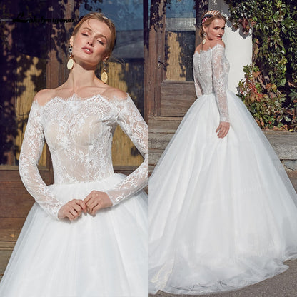 Vintage Beach Princess Wedding Dresses Long Sleeve Ball Gown Boat Neck Robe Mariee White Boho Bridal Gowns vestido de novia - ROYCEBRIDAL OFFICIAL STORE