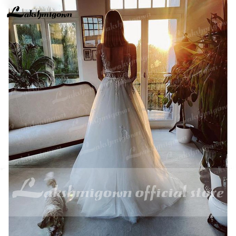 Ivory Lace Tulle Beading V-Neck Bridal Gowns Floor-Length A-Line Wedding Dresses Court Train Custom Made abiti da sposa - ROYCEBRIDAL OFFICIAL STORE