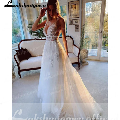 Ivory Lace Tulle Beading V-Neck Bridal Gowns Floor-Length A-Line Wedding Dresses Court Train Custom Made abiti da sposa - ROYCEBRIDAL OFFICIAL STORE