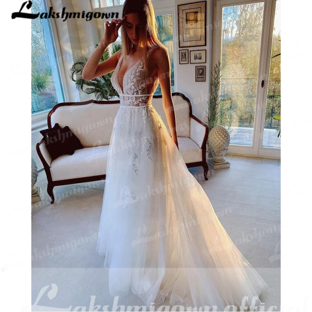 Ivory Lace Tulle Beading V-Neck Bridal Gowns Floor-Length A-Line Wedding Dresses Court Train Custom Made abiti da sposa - ROYCEBRIDAL OFFICIAL STORE