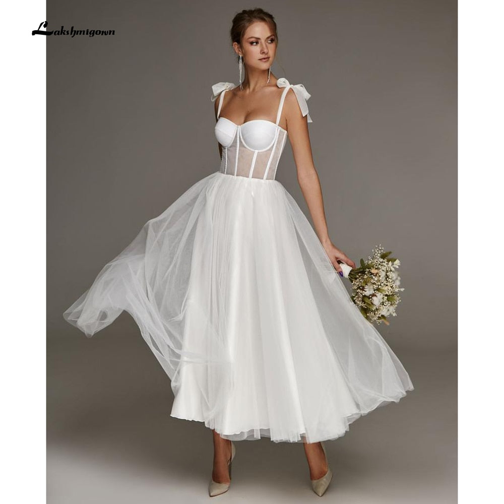 Ivory Short Wedding Dresses 2021 Black Champagne A-Line Tulle Wedding Party Dresses Tea length With strap abendkleider vestidos - ROYCEBRIDAL OFFICIAL STORE