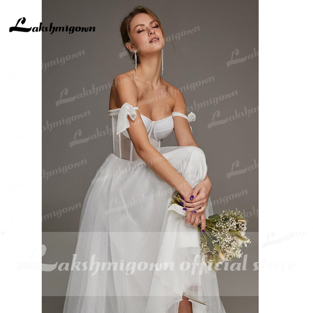 Ivory Short Wedding Dresses 2021 Black Champagne A-Line Tulle Wedding Party Dresses Tea length With strap abendkleider vestidos - ROYCEBRIDAL OFFICIAL STORE