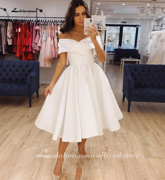 Short Wedding Dress Satin Knee Length 2021 Pleat Simple Off Shoulder Bridal Gown For Women Brides Elegant Cheap Robe De Mariee - ROYCEBRIDAL OFFICIAL STORE