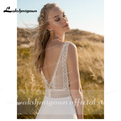 Simple Beach Wedding Dress Lace Robe Mariage 2021 Chic Boho Bridal Receipt Wedding Dresses Lace Open Back Lakshmigown - ROYCEBRIDAL OFFICIAL STORE