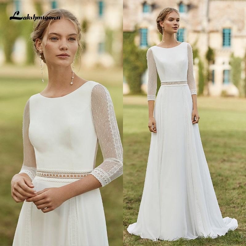 Simple Boho Wedding Dresses 2021 Removable Train Scoop Neck vestido de novia Chiffon A Line Bridal Dresses with 3/4 Sleeves - ROYCEBRIDAL OFFICIAL STORE