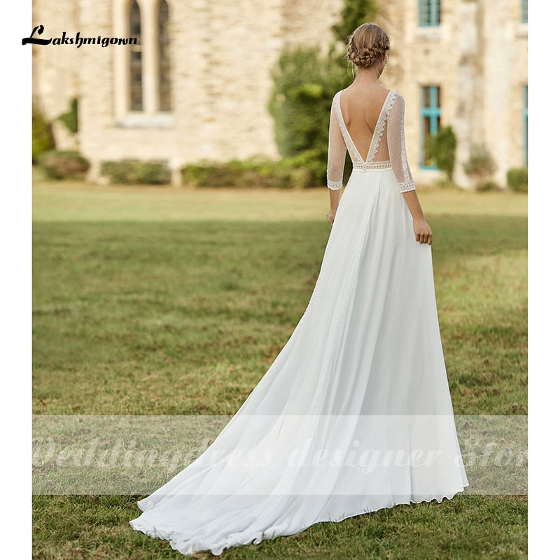 Simple Boho Wedding Dresses 2021 Removable Train Scoop Neck vestido de novia Chiffon A Line Bridal Dresses with 3/4 Sleeves - ROYCEBRIDAL OFFICIAL STORE