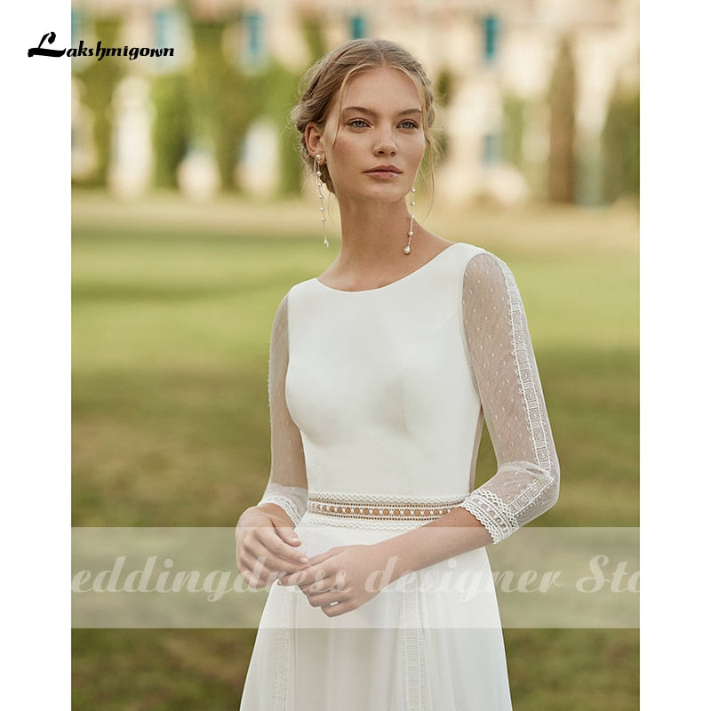 Simple Boho Wedding Dresses 2021 Removable Train Scoop Neck vestido de novia Chiffon A Line Bridal Dresses with 3/4 Sleeves - ROYCEBRIDAL OFFICIAL STORE